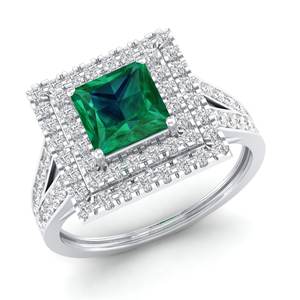 Anillos de Esmeralda de Corte Princesa de 1.25 Quilates de REYES Fine Jewelry en Oro Sólido de 14K, Anillo de Compromiso con Halo de Moissanita para Mujer - Product Image 2