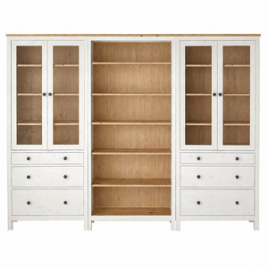 Ensemble de bibliothèque en teck blanc, 3 pièces, meuble de rangement modulaire avec portes et tiroirs en verre - Product Image 1