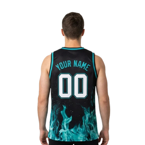 Conjunto de Camiseta y Pantalones Cortos de Baloncesto con Estampado de Llamas para Hombre, Cuello en V, Sin Mangas, Uniforme de Equipo, Parte Inferior Ajustada, Números de Jugador 100% - Product Image 4