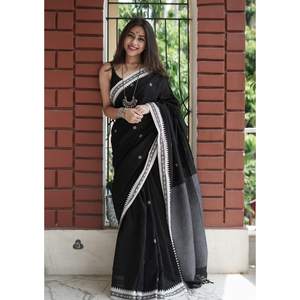 ANCY ALGODÓN TEJIDO JACQUARD BORDER WORK SAREE CON BLUSA SIN COSTAR NEGRO - Product Image 1