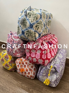 Cotton Quilted Floral Hand Block Print Toiletry <b>Bag</b> with Zip Closure Set of 3 Used as Cosmetic Travel Shaving Wash <b>Bags</b> Assorted - Product Image 5