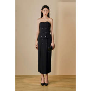 Conjuntos de mujer de Vietnam, conjunto elegante de dos piezas con top tipo bustier y falda con detalles de botones, ropa de calle sin mangas, color liso, KS30 - Product Image 1