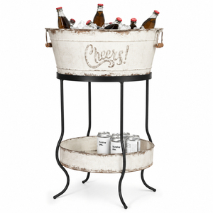 Hot Seller Galvanized Beverage Tub with Metal Stand Distressed White Iron Wine <b>Cooler</b> Ice Bucket Double-Tier <b>Drink</b> Dispenser - Product Image 1