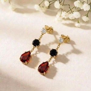 Elegant Garnet Pear & Black Obsidian Round Drop <b>Earrings</b> CZ Accent Gemstone Stud Dangle <b>Earrings</b> Minimalist Jewelry Gift - Product Image 6
