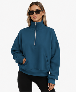 Sweat-shirt oversize pour femme à col montant et fermeture éclair quart, couleur unie, épaules tombantes, en polaire respirante à manches longues pour l'automne - Product Image 3