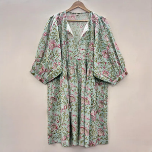 Vestido Casual Midi para Mujer, Tejido 100% Algodón, Estampado Floral, Manga Corta, Cintura Imperio, Estilo Babydoll, Cuello en V, Corte Holgado - Product Image 1