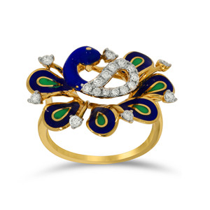 Bague de luxe en or jaune avec plumes de paon et diamants, motif paon premium en émail bleu et vert, pour femme - Product Image 1