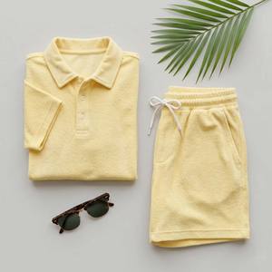 Conjunto de Dos Piezas Personalizado para Hombre en Color Amarillo Pastel, Tela de Rizo de Algodón Premium, Camisa Polo y Pantalones Cortos a Juego, Ropa para Vacaciones - Product Image 6