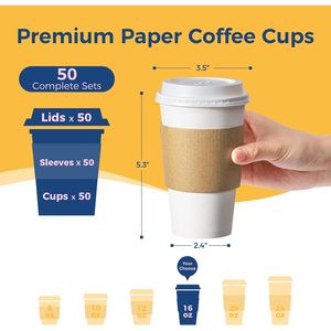 Confezione da 50 Bicchieri di Carta Resistenti da 16 oz per Caffè Caldo, Usa e Getta, con Coperchi Antigoccia e Manicotti per Asporto e Uso Domestico - Product Image 5