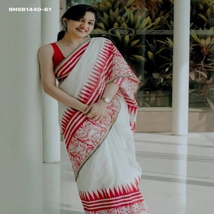High Quality Soft <b>Linen</b> with Stripe & Hand-Face Digital Print Saree-Blouse <b>Set</b> Woman Fashion Manufacturer At Wholesale Rate - Product Image 1