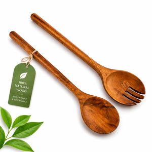 Ensemble de cuillères de cuisine en bois d'acacia, 2 cuillères ajourées, non toxiques, résistantes à la chaleur, biodégradables, compatibles lave-vaisselle, ustensiles de cuisine - Product Image 1