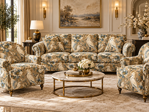 Tissu d'ameublement à imprimé floral et oiseaux, fond crème, pour rembourrage de canapé et de chaise - Product Image 1
