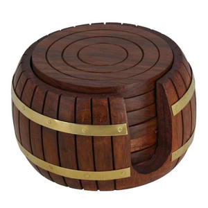 Wooden Round Tea Coasters In Antique Inspired Barrel Holders (Set Of 6) Good Design Black Walnut Drink Wooden Coaster Unique - Product Image 1