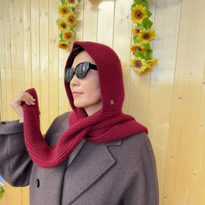 Écharpe à capuche tricotée en cachemire 100% pour femme, couleur framboise, 2 en 1, longue, chaude et thermique, cache-cou d'hiver - Product Image 6