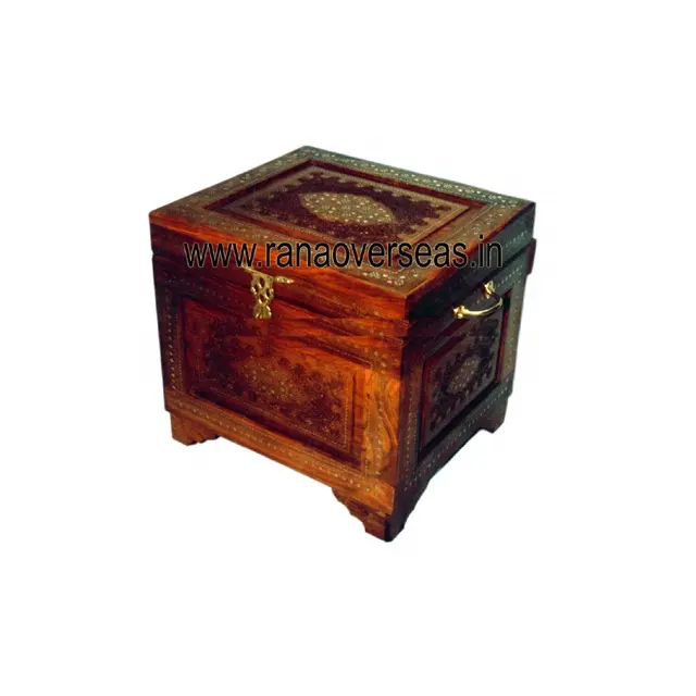 Wooden Decorative Jewelry Storage Box With Brass Inlay & Handcrafted Design In Square Shape