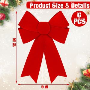 6 Lazos Navideños Grandes de Terciopelo Rojo de PVC de 9 x 12 Pulgadas, Decoraciones Colgantes para Árboles de Navidad en Interiores y Exteriores, Cintas Navideñas - Product Image 1