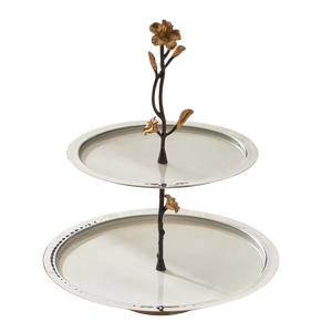 <b>Round</b> Two Tier Stainless Steel Cake Stand With Floral Design Dessert Display <b>Tray</b> Home And Wedding Party Tabletop Cake Stand - Product Image 1