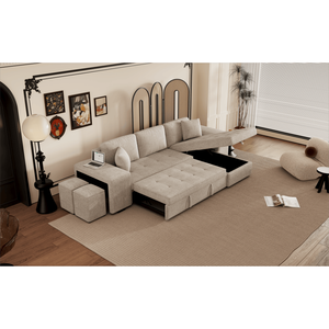 104.5 Modern L-Shaped 3-Seater Reversible Sectional Couch Pull-Out <b>Sleeper</b> <b>Sofa</b> with Storage Chaise 2 Stools for Living Room - Product Image 4
