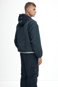 Men's Dark Blue Hooded Blouson <b>Jacket</b> With Zipper Closure Windproof Polyester Material Autumn Wear Workwear Style - Product Image 2