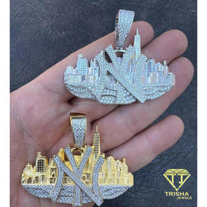 Pendentif Iced Out NY avec motif de l'horizon de la ville, diamant moissanite rond, argent sterling 925, bijoux hip-hop unisexe - Product Image 4