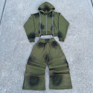 Custom Spray Fade Rhinestone Hoodie Set Heavyweight <b>Crop</b> <b>Zip</b> <b>Up</b> Fleece Tracksuit Vintage Yellow Acid Wash Streetwear Sweatpants - Product Image 3