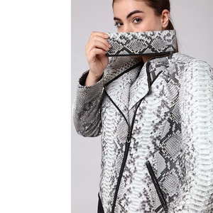Women's Snake Skin Print Blouson <b>Jacket</b> <b>Long</b> Sleeve O-Neck PU <b>Leather</b> Autumn Short Length Pullover Style - Product Image 5