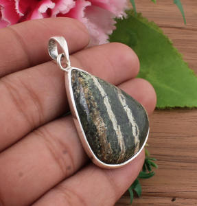 Pendentif en argent sterling 925 plaqué platine avec pierre précieuse en jaspe naturel, design géométrique simple, vintage, unisexe, charme, bijoux à porter tous les jours - Product Image 3