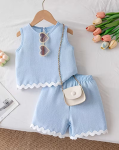 Girls Blue Sleeveless Top Shorts Set Sweet Style Solid Color Breathable Cotton Two Piece Outfit - Product Image 1