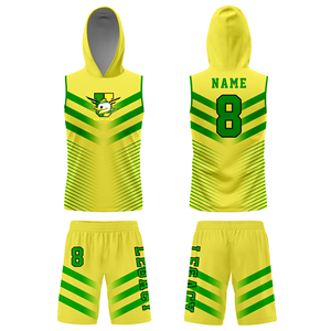 ชุดเสื้อเจอร์ซีย์แขนกุดมีฮู้ดและกางเกงขาสั้นลายทางสีเหลืองเขียวแบบซับลิเมชั่นสั่งทำพิเศษสำหรับทีมเป็ด แห้งเร็ว เหมาะสำหรับออกกำลังกาย ผู้ใหญ่ ใส่ได้ทั้งชายและหญิง - Product Image 1
