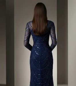 Tela de Lujo Azul Marino con Cuentas Hechas a Mano para Vestido de Noche, Material de Malla con Lentejuelas de Manga Larga para Vestido de Gala, Suministro al por Mayor - Product Image 2