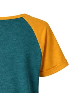 T-shirt pour femme jaune sarcelle à manches courtes, col Henley, coupe raglan, en coton doux, décontracté, idéal pour l'été, confortable pour le quotidien, élégant - Product Image 3