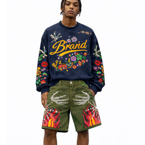 Luxury Navy Graphic Sweatshirt & Shorts <b>Set</b> for Men Floral Print Streetwear Tracksuit Rhinestone Embellished Designer Two Piece - Product Image 6