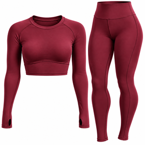 Conjunto de Yoga Ecológico de 2 Piezas para Mujer, Top Corto de Manga Larga y Leggings de Cintura Alta, Poliéster Reciclado, para Gimnasio y Fitness - Product Image 2