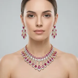 Parure de bijoux de luxe plaqué or rubis avec collier et boucles d'oreilles, sertis de zircone cubique taille marquise et princesse, style classique indien pour mariée - Product Image 2