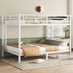 White Queen Over Queen Metal Bunk <b>Bed</b> for Teens and Adults <b>Space</b> <b>Saving</b> with Noise Reduction No Box Spring Needed - Product Image 1