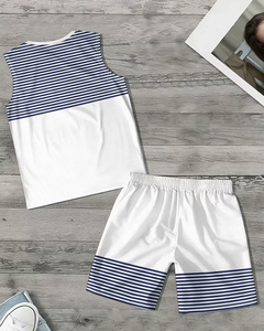 Men's Striped Sleeveless Tank Top Set White Blue Knitted Breathable Casual Summer Wear Crew Neck Short Sleeveless Top Shorts - Product Image 3