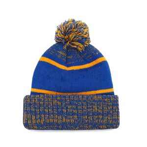 Ensemble bonnet et écharpe longs en tricot rayé bleu roi et or Sigma Rho, style universitaire, avec pompon et franges, unisexe - Product Image 4