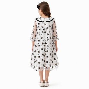 Vestido de Princesa con Malla Floral para Niñas |   Elegante Vestido de Fiesta de Manga Larga con Lazo - Product Image 5
