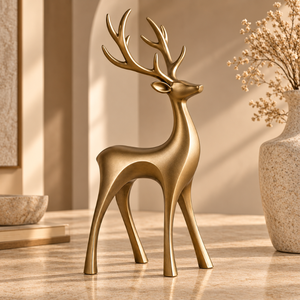 Sculpture de cerf doré avec bois de cerf moderne |   Figurine décorative pour salon, bureau, console, étagère, table, décoration d'intérieur, ornement - Product Image 4