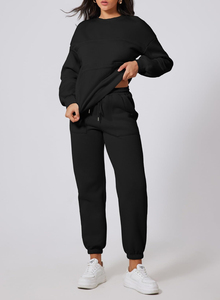 Ensemble de survêtement tricoté noir pour femme, col rond, manches longues, coupe ample, tenue décontractée, deux pièces, couleur unie - Product Image 4