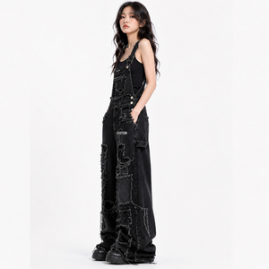 Custom Printed Women's Black Denim Overalls Loose Fit Full Length Ripped <b>Pockets</b> Punk Wide Leg Style Street Wear - Product Image 3