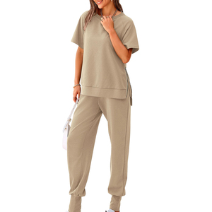 Custom womens <b>workout</b> tracksuit with long sleeve zip up <b>jacket</b> and mid waist pants skinny summer two piece set - Product Image 1