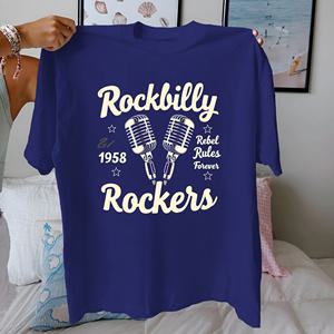 เสื้อยืดลำลองพิมพ์ลายสไตล์ร็อคอะบิลลี่เรโทรสำหรับผู้หญิง ผ้าถัก 100% คอตตอน ใส่สบาย - Product Image 3