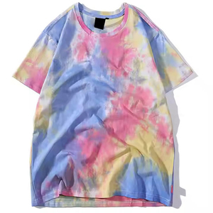 Camiseta de Manga Corta con Cuello Redondo y Estampado Tie-Dye para Hombre, Talla Grande, Informal, Tejido de Punto, Diseño con Patrón Azul, Rosa y Amarillo - Product Image 1