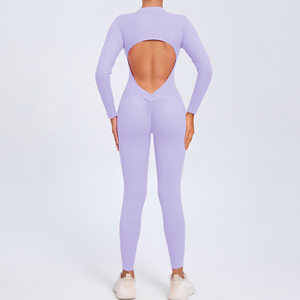 Combinaison de yoga pour femme, blanche, col en V, dos nu, taille haute, coupe ajustée, longueur intégrale, en Spandex et Polyester, respirante et écologique - Product Image 3