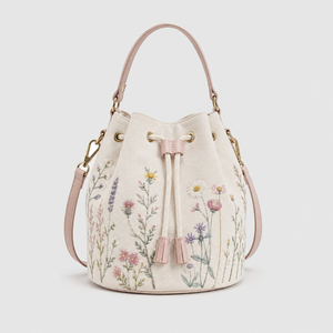 Floral Embroidered Cotton Canvas Bucket <b>Bag</b> Eco Friendly <b>Cream</b> Shopping <b>Bag</b> Pink Leatherette Trim Crossbody Handbag - Product Image 2