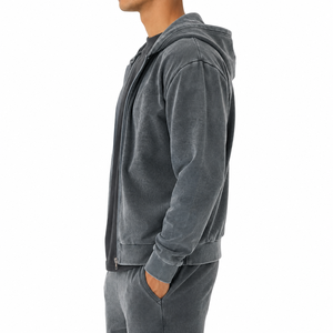Chaqueta de pana con capucha y cremallera para hombre, color sólido, corte regular informal, para otoño, 100% algodón tejido - Product Image 3