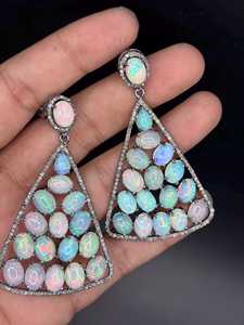 Ethiopian Opal Diamond Earring Pave Diamond Earrings 925 Sterling Silver Handmade <b>Oxidized</b> Dongle Diamond Earring Gift For Her - Product Image 3