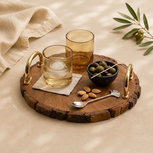 Modern Handmade Eco-friendly Wedding <b>Serving</b> <b>Tray</b> Natural Bark Edge Elegant Golden Metal Handles Premium for Wood Platter - Product Image 5
