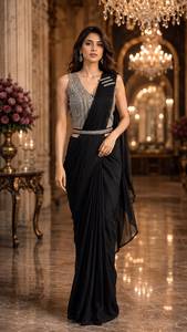 Elegante Sari de Seda Azul con Blusa Adornada para Bodas, Corte Regular, Largo hasta el Suelo, de la India y Pakistán - Product Image 2